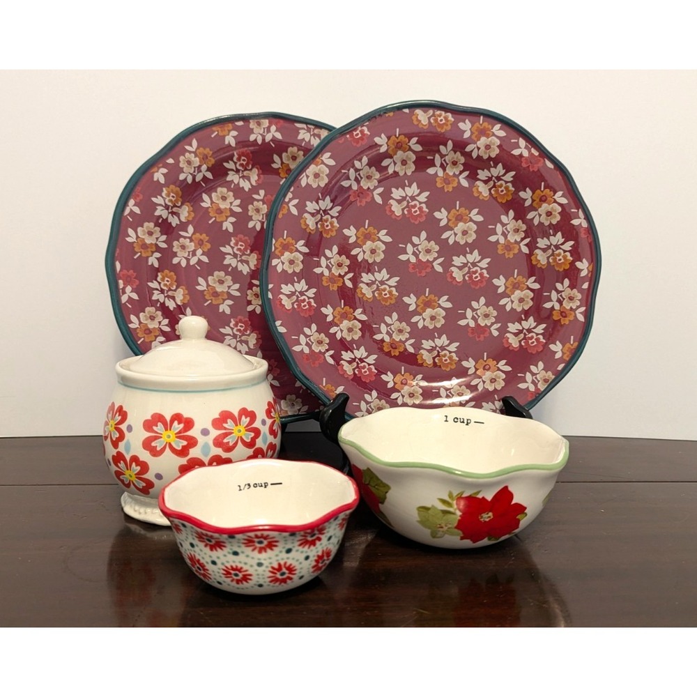 Pioneer Woman Stoneware‎ Lot 5pc Floral Salad Plates Sugar Bowl Measuring Bowls